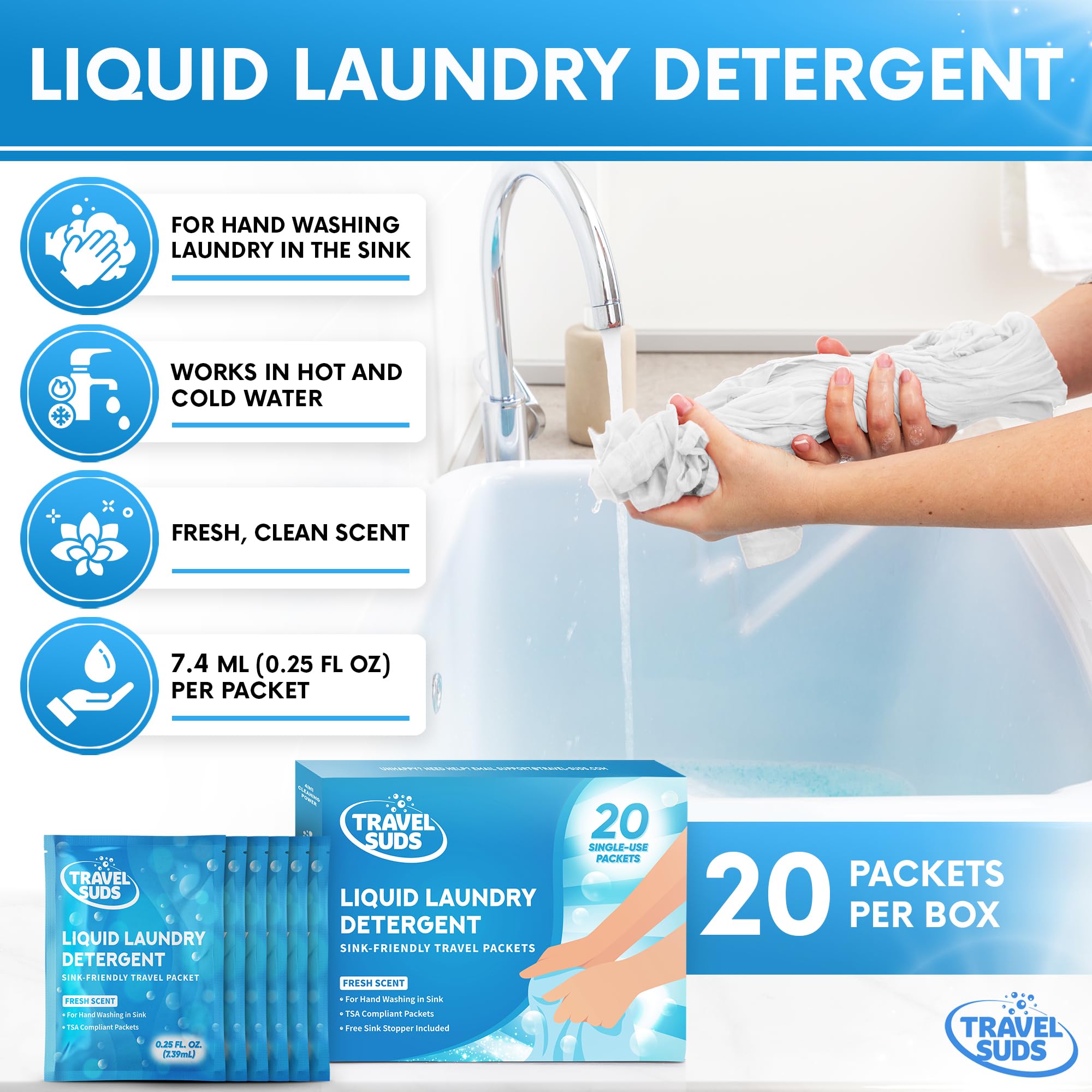 TravelSuds Laundry Detergent Packets (20 Pack) | Travel Detergent for Hand Washing in Sink, Includes Free Sink Stopper