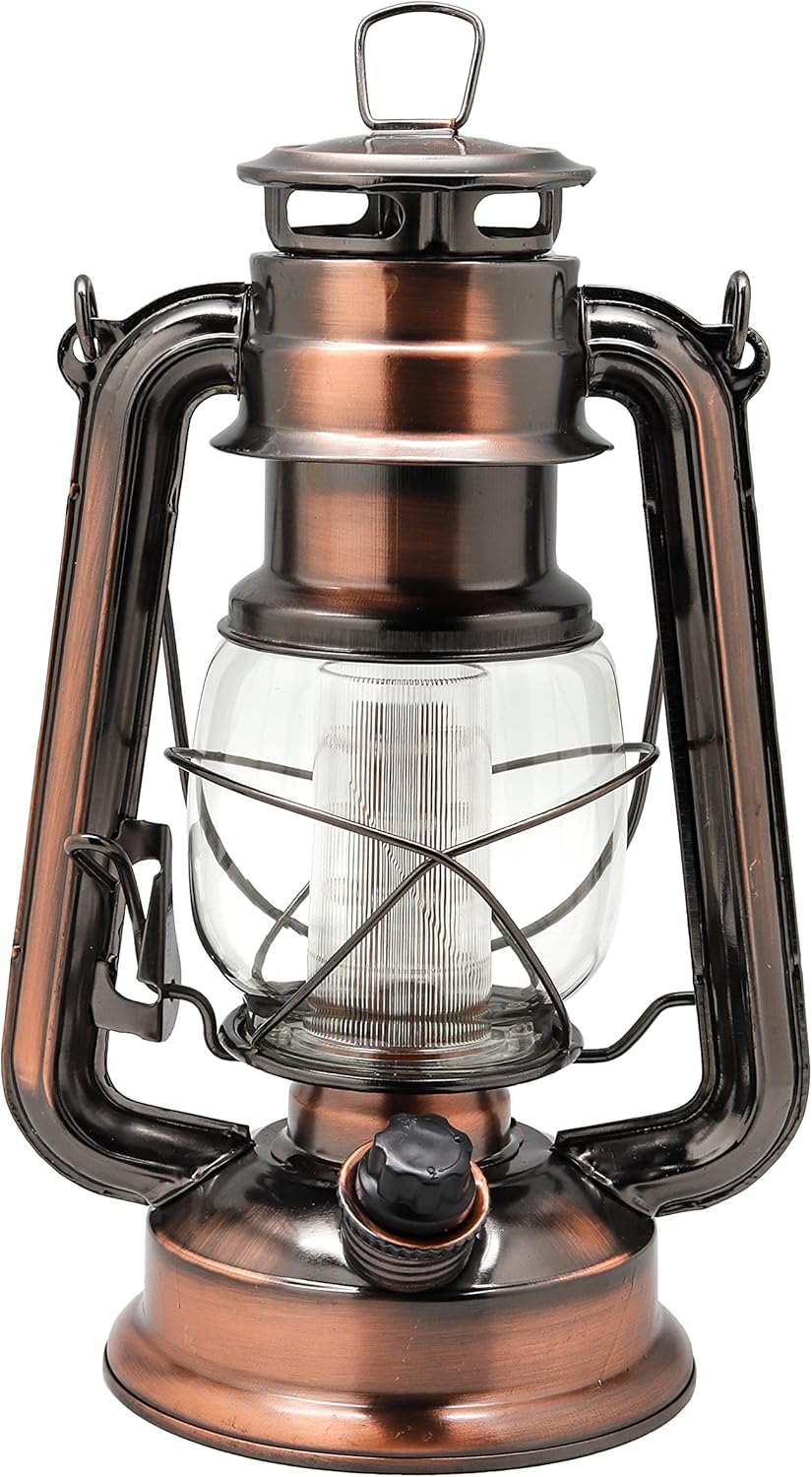 Oil Lamps & Accessories - YAKii LED Vintage Lantern Metal Hanging Hurricane 12 LED Dimmer Switch Warm White Battery Operated Power Outage Indoor Camping Lighting Outdoor Brooklyn Decoration(Copper)