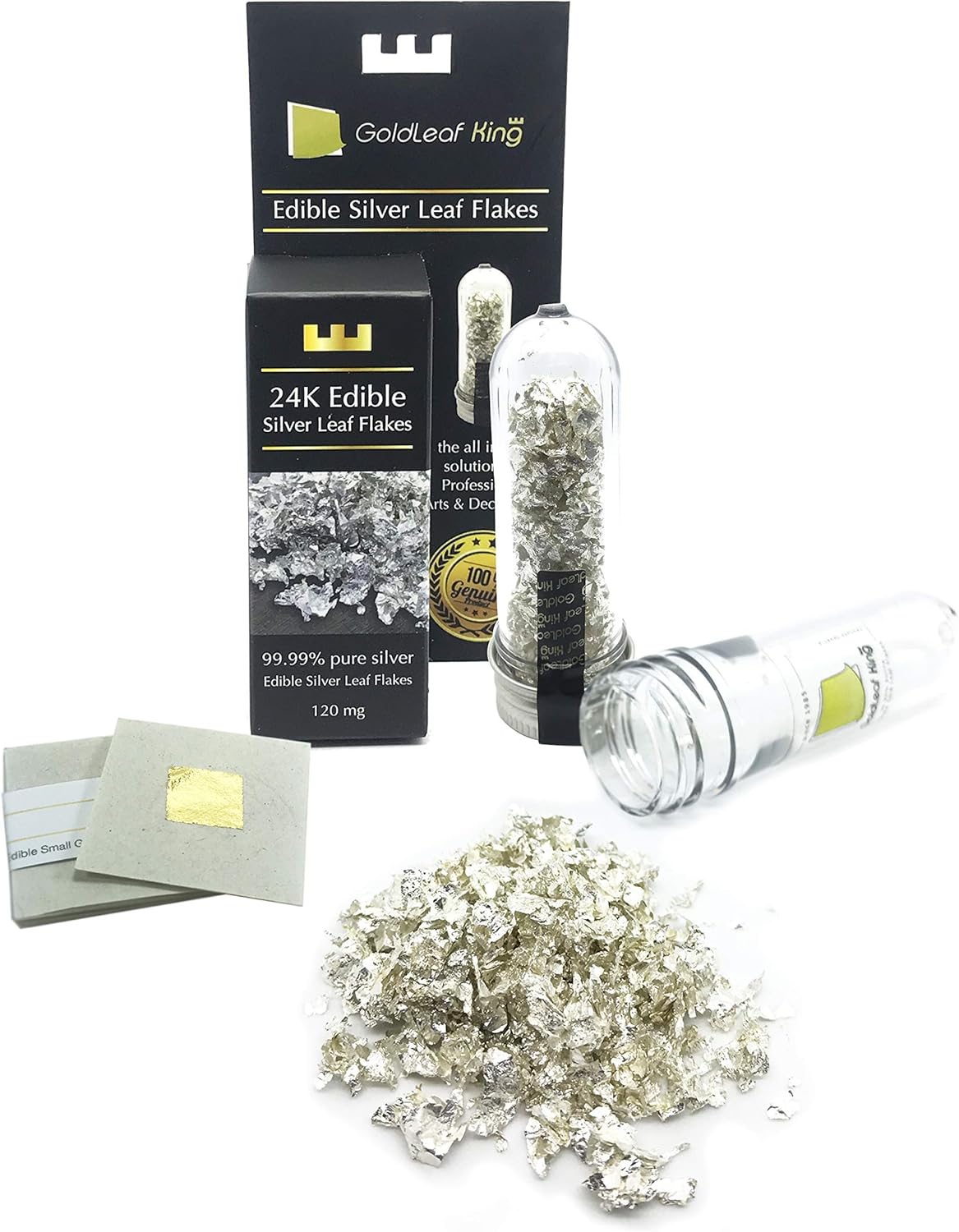 Edible Silver Leaf Flakes Genuine 99.99% Purity - 120mg Bottle | Goldleafking | Multi Purpose Food, Cake, Artworks | Perfect use with edible glitter edible gold leaf | + Free 10 small gold leaf sheets