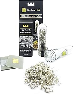 Edible Silver Leaf Flakes Genuine 99.99% Purity - 120mg Bottle | Goldleafking | Multi Purpose Food, Cake, Artworks | Perfect use with edible glitter edible gold leaf | + Free 10 small gold leaf sheets
