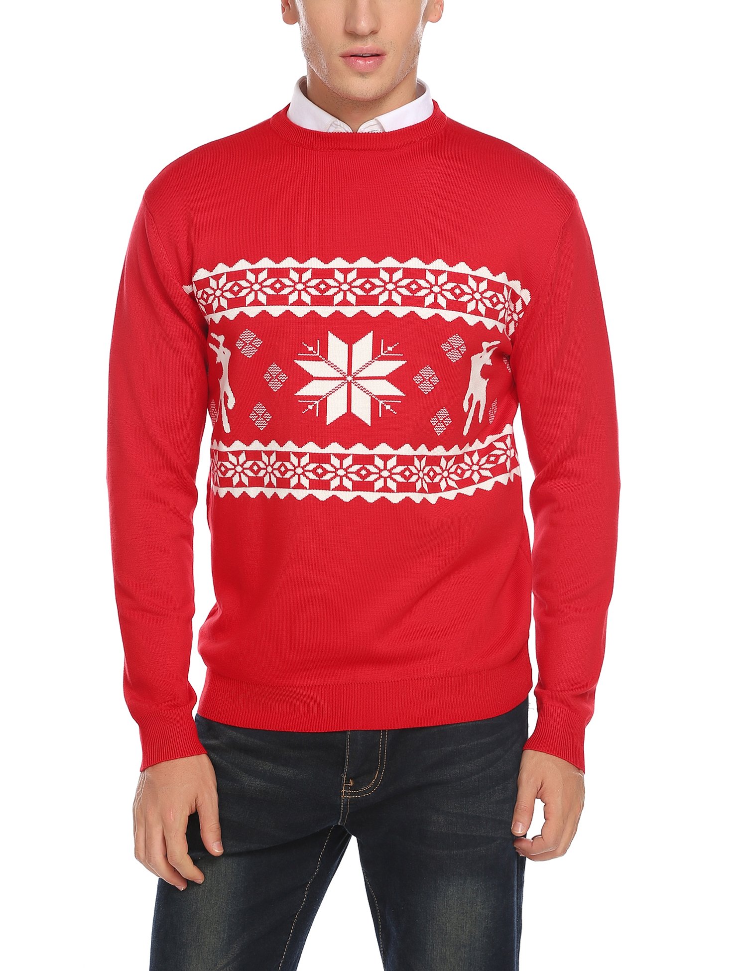 COOFANDY Men's Ugly Christmas Sweaters Knitted Long Sleeve Crewneck Pullovers (Red02, Large)