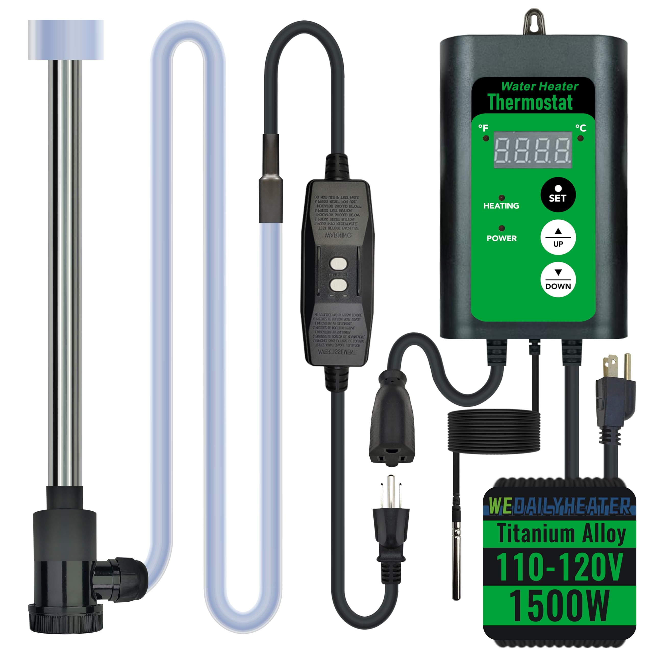 Photo 1 of WE DAILYHEATER 1500W Titanium Fully Submersible Water Heater for Inflatable Pool & Bathtub – Portable Immersion Electric Heater with GFCI & Temp Control for Hot Tub, Above Ground Pool, Baptistry & Sap