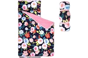 Jundetye Toddler Nap Mat with Pillow and Plush Blanket, Kids Sleeping Bags for Preschool Daycare, Slumber Bags for Girls Boys Ages 3-7 Years, 55'' x 23'', Floral