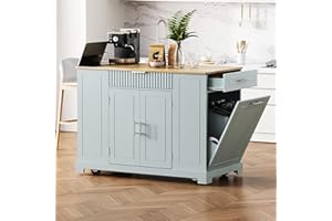 MEETFAV Kitchen Island with Trash Can Storage Cabinet and Power Outlet, Rolling Kitchen Cart on Wheels with Internal Storage Rack, 3 Drawers, 3 Open Side Racks for Dining Room