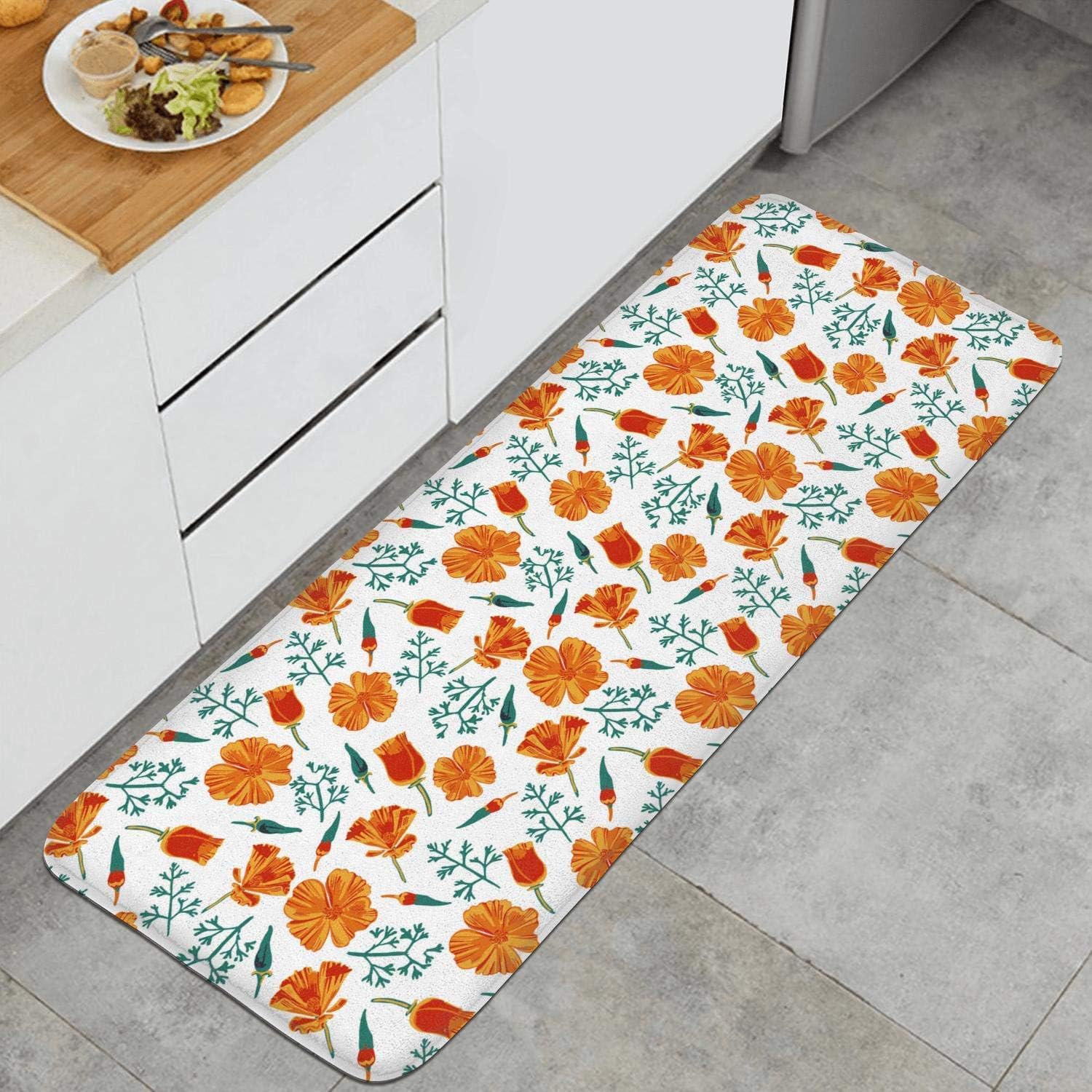 PENGTU California Poppy Orange Anti Fatigue Kitchen Mat Chic Door Mat NonSlip Kitchen Rug