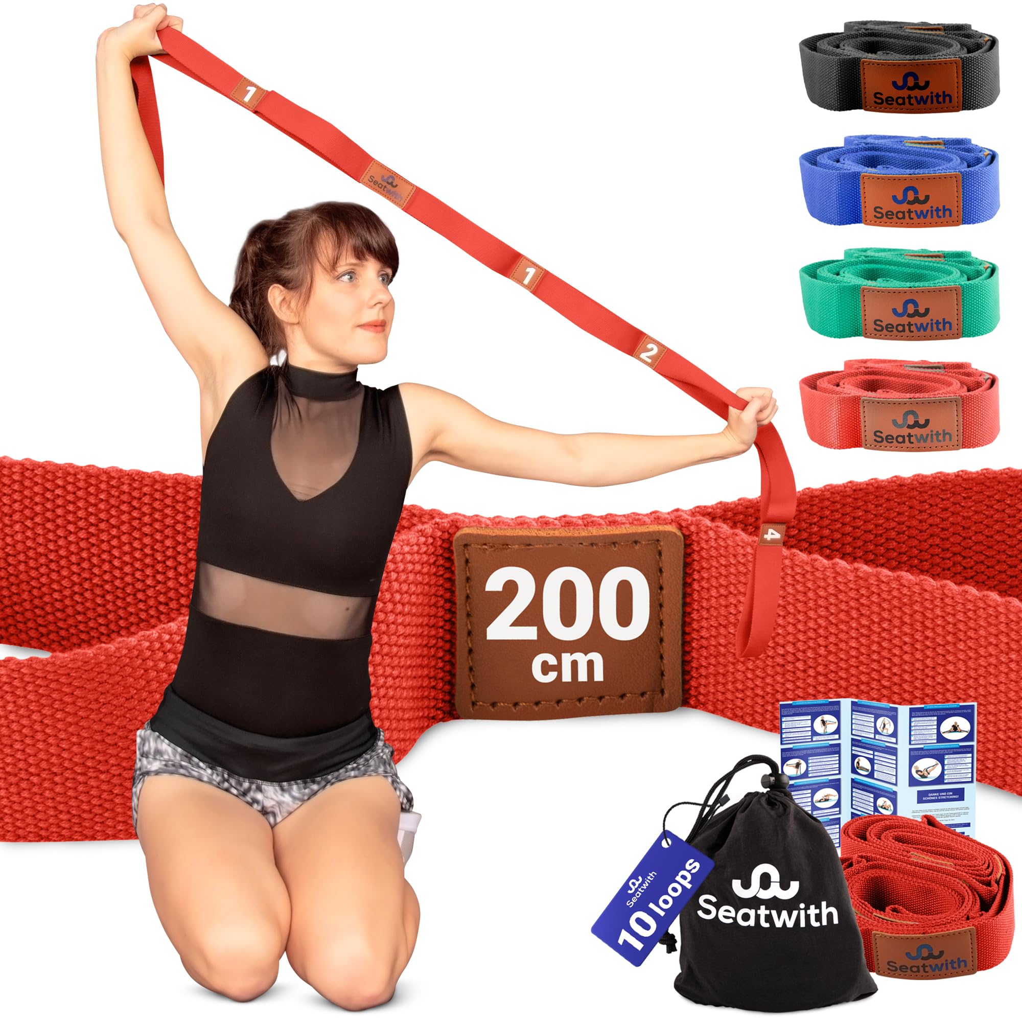 Seatwith Yoga Strap with Metal D Buckle - Non-Elastic Yoga Belt for Maximum Stretch - Transport Bag + PDF Instructions for Yoga Stretching Strap - Yoga Straps for Stretching - Pilates Strap - RED — image 1