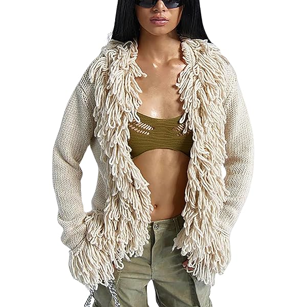 Ecirod Womens Open Front Long Sleeve Chunky Knit Fringe Cardigan