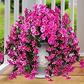 Sggvecsy Artificial Fake Hanging Flowers Plants for Outdoor Outside Spring Summer Decoration 4PCS Faux Silk UV Resistant Realistic Morning Glory Trailing Vines for Home Porch Patio Balcony(Purple red)