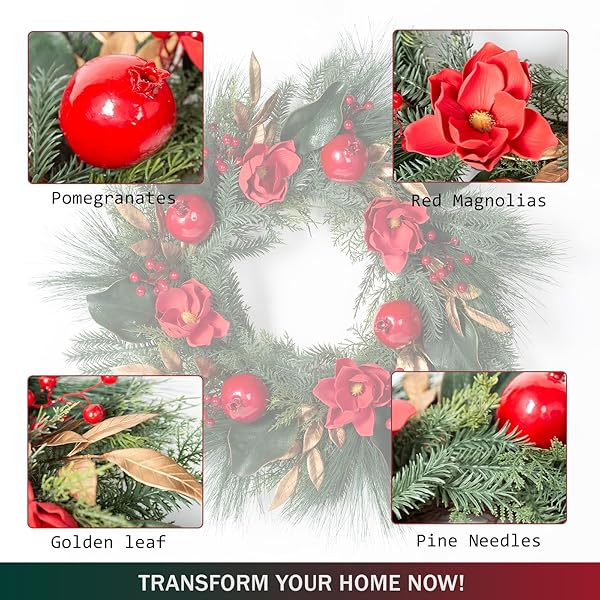 26″ CHRISTMAS WREATH FOR FRONT DOOR, RED GREEN ARTIFICIAL WREATHS WITH MAGNOLIAS & POMEGRANATES, PINE NEEDLESD AND RED BERRIES — PERFECT FOR FARMHOUSE INDOOR OUTDOOR HOME RUSTIC WINTER HOLIDAY DECOR