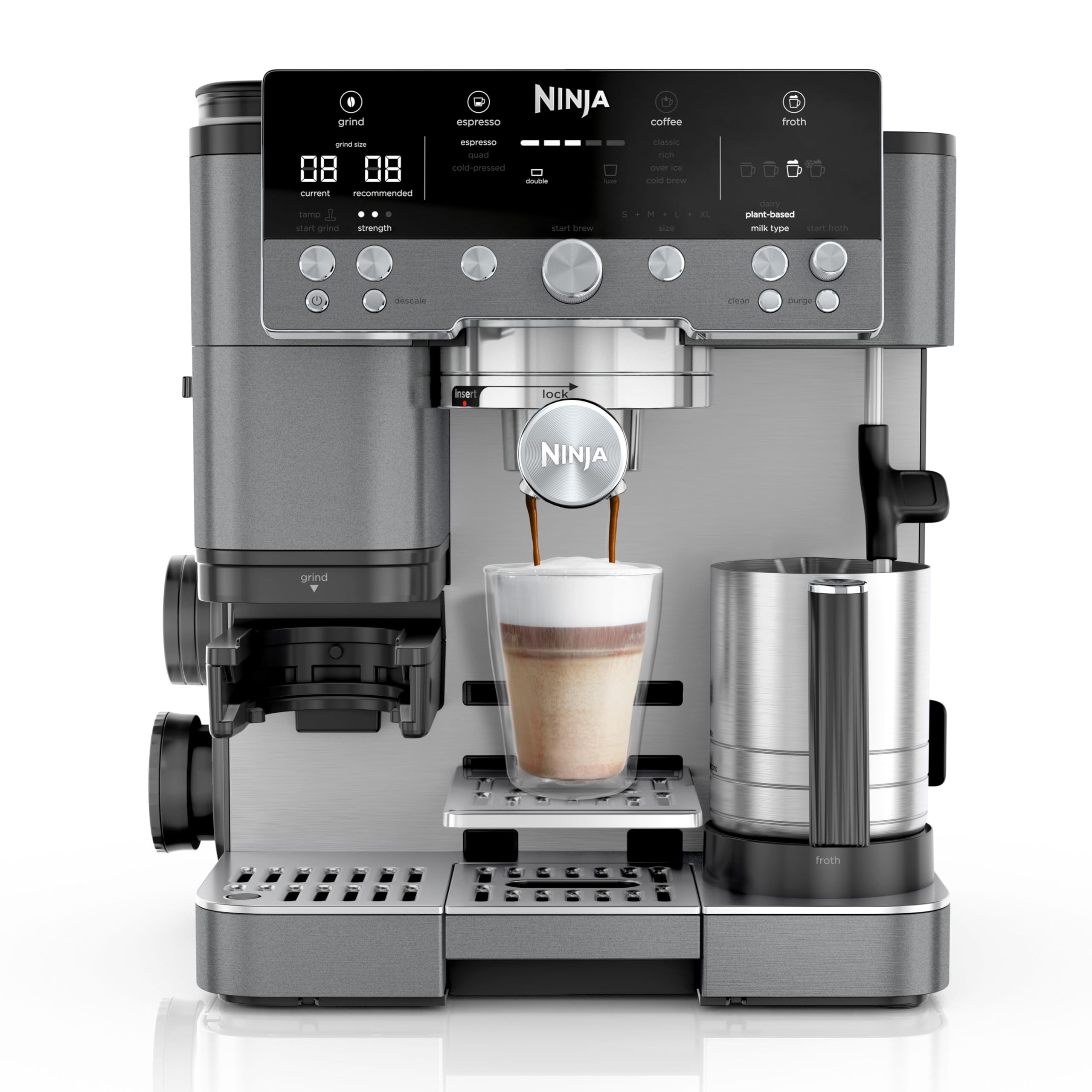 Ninja Luxe Premier 3-in-1 Kaffeemaschine, für Espresso, Cold Brew & Filterkaffee, 4 automatische Schaumeinstellunge, Grau-Metall, ES601EUGM