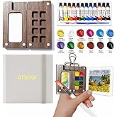 orbixa Mini Watercolor Palette Paint Set Travel Size - 12 Color Paint with 8-Wooden Grid Palette,Mini Sketchbook & Brushes | Portable Artist Supplies Kit for Students, Beginners, Outdoors Use (gray)