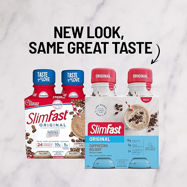 SLIMFAST MEAL REPLACEMENT SHAKE, ORIGINAL CAPPUCCINO DELIGHT, 10G OF READY TO DRINK PROTEIN FOR WEIGHT LOSS, 11 FL. OZ BOTTLE, 4 COUNT (PACKAGING MAY VARY)