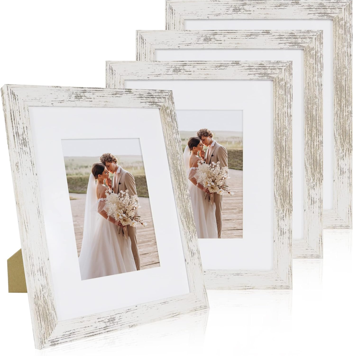 Photo Albums, Frames & Accessories - Hongkee 8x10 Picture Frame Set of 4, Made of Real Glass and Distressed White Frame, 8 by 10 for Wall or Tabletop - Display 5x7 with Mat or 8x10 Picture Without Mat