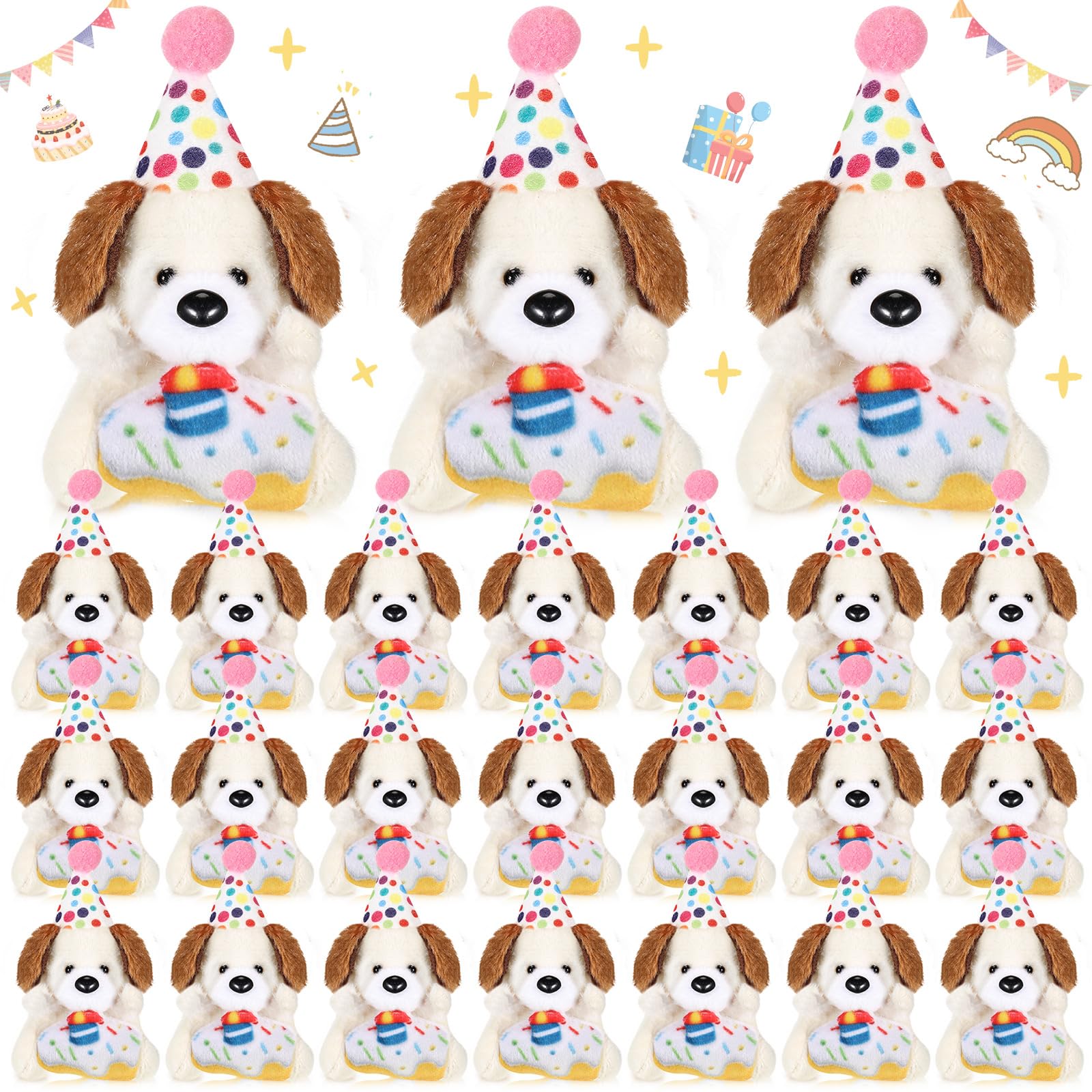 Photo 1 of 24 Pcs Birthday Small Stuffed Animal with Hat Mini Plush Toys for Student Classroom Reward Gifts Cute Soft Puppy Dog Toy Bulk Birthday Party Goodies Bag Fillers Party Decor