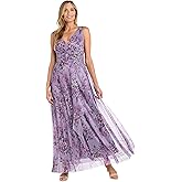 R&M Richards Women's Pleated Sheer Knit Floral Maxi Dress W/Ruched Waist & Cascade Detail