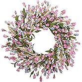 wwmira 24 Inch Spring Summer Wreaths for Front Door, Year Round Artificial Lavender Paper Flower Wreath with Blue Pink Fade Flowers, Home Farmhouse Windows Walls Porch Wedding Indoor Outdoor Decor