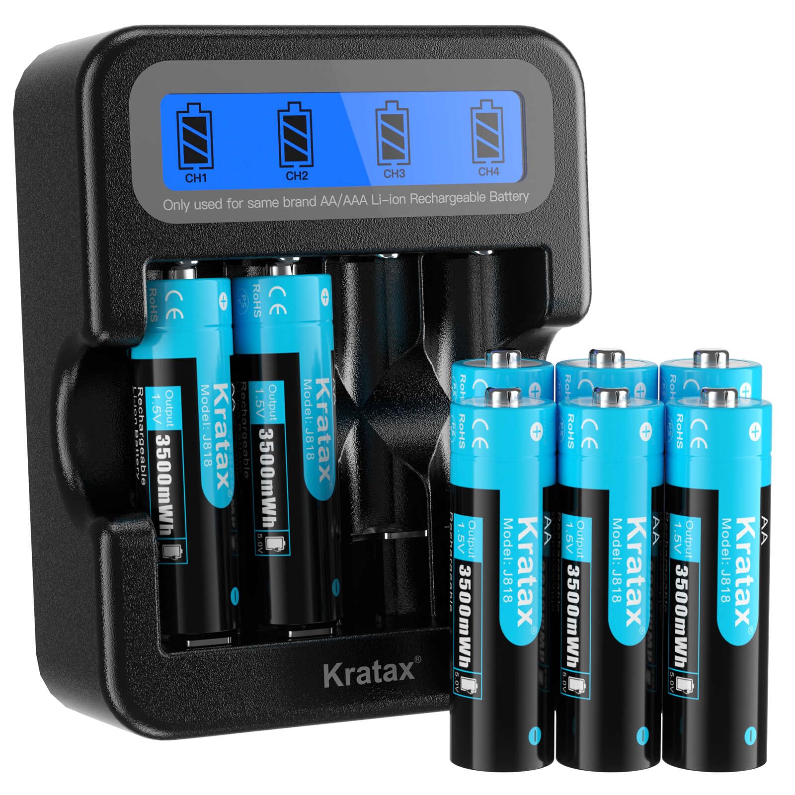 Kratax Rechargeable AA Lithium Batteries, 8 Pack 3500mWh high Capacity 1.5v Double A li-ion Battery and 2.5h Intelligent Charger, 1600 Cycles Long Lasting, Constant Output for Household Office Device
