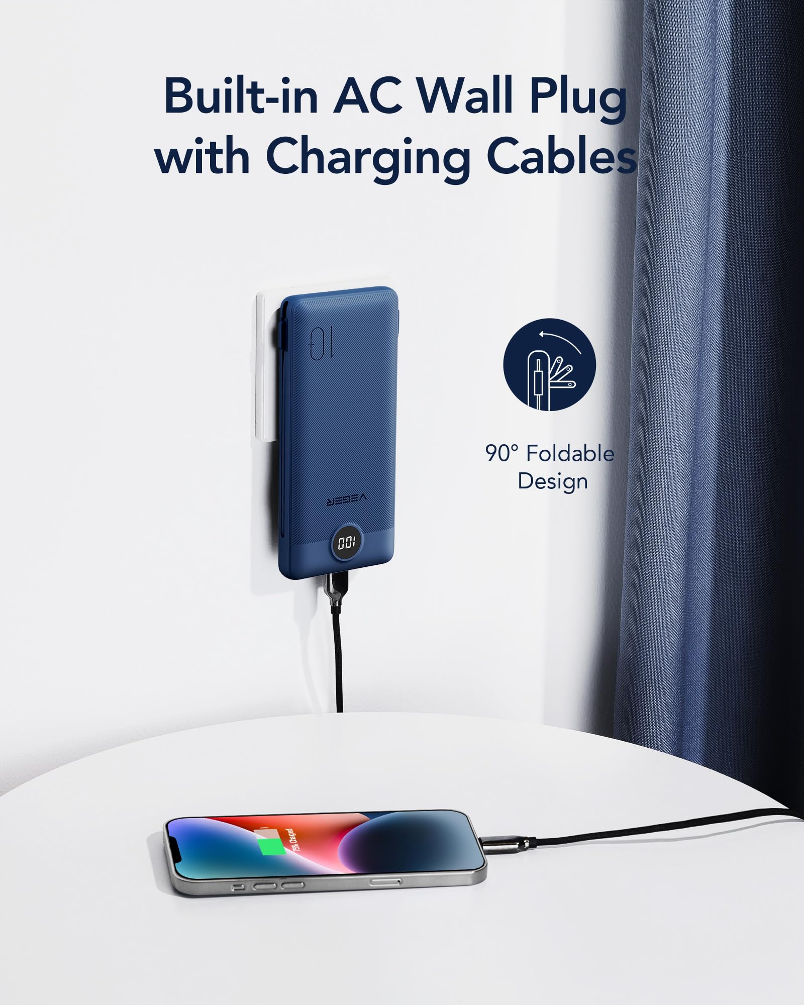 VEGER Portable Charger with Built-in AC Plug and Cables, All in One 10000mAh Ultra Slim Power Bank Travel Essentials, 15W Fast Charging Battery Pack Compatible with iPhone, Samsung, Android (Navy)