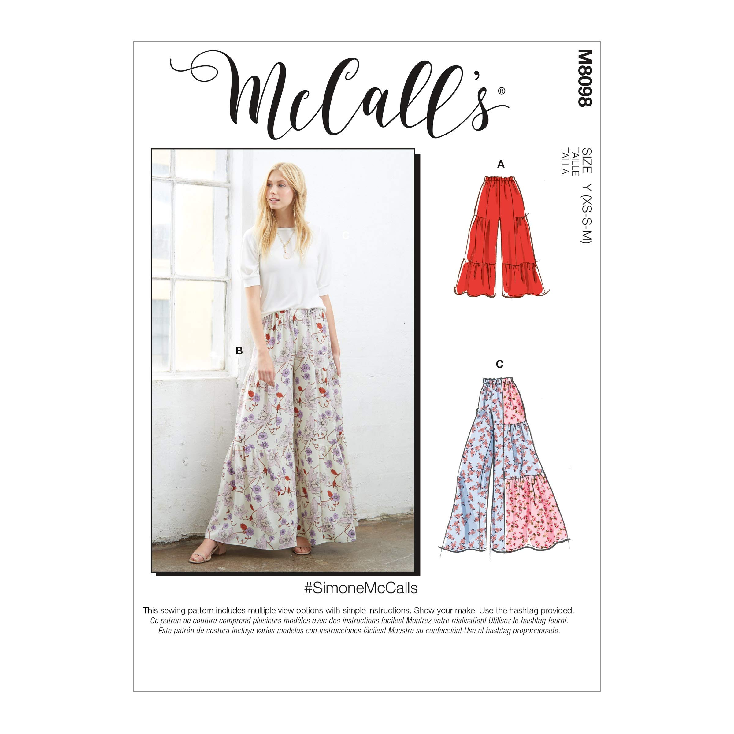 McCall's Misses>Pants, Jumpsuits & Shorts ZZ (L-XL-XXL) Misses' Elastic Waist, Full Leg Pants. A: Cropped with Ruffle Hem. B:,C: Full Length. C: Contrast.