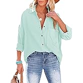 Mingzhu Womens Oversized Cotton Button Down Gauze Shirts Collared Long Sleeve Blouse Top