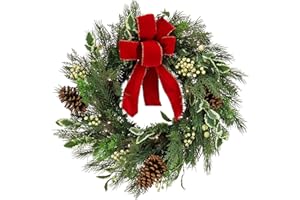 NATIONAL TREE COMPANY HGTV Home Collection Pre Lit Artificial Christmas Wreath, Mixed Branch Tips, Decorated with Pinecones, Holly, and Berries, Battery Powered, 22 Inches