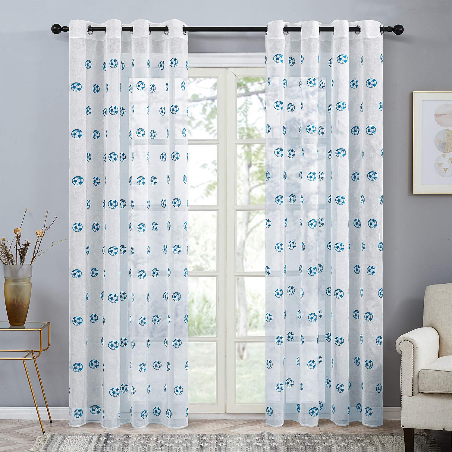 Nursery Topfinel Faux Linen Embroidery Football Net Voile Eyelet