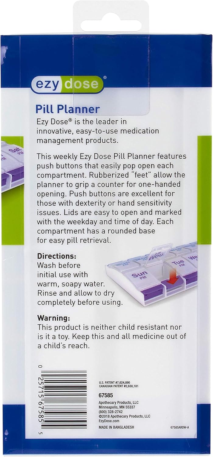 Ezy Dose Push Button (7-Day) Pill, Medicine, Vitamin Organizer Box | Weekly, 2 Times a Day, AM PM | Large Compartments | Arthritis Friendly | Clear Lids: Health & Personal Care