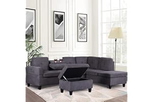 EMKK Modern Sectional Sofa Set Left Right Chaise Lounge & Storage Ottoman Upholstered Corner L Shaped Sofá Living Room Couch w/Cup Holder, Arm Nail for Home/Office, Grey Leftchaise