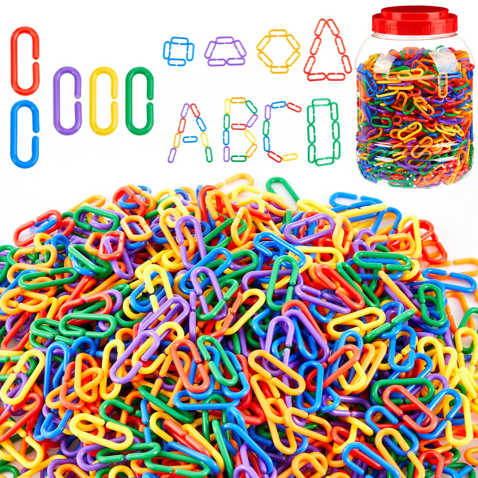 Photo 1 of Wettarn Bucket of 1000 Pcs Rainbow C Clip Hooks Chain Links Operation Christmas Plastic Kids Counting Toys Bulk Math Manipulatives Counters for Learning Supplies DIY Education Gifts Fine Motor Skill