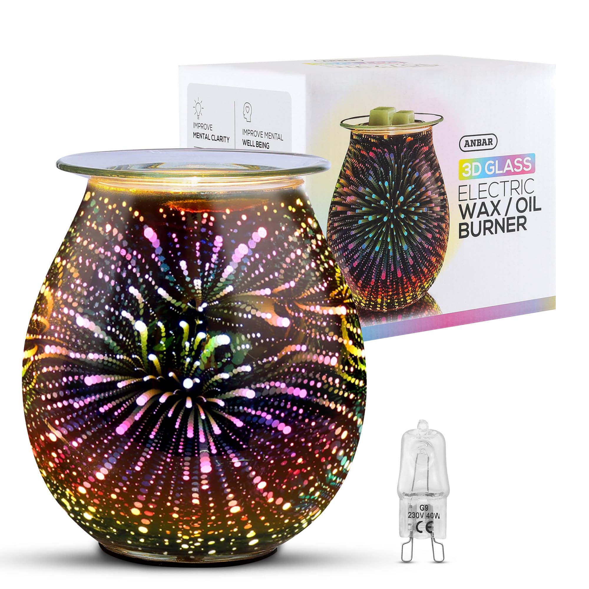 Anbar Electric Plug In Glass Wax Melt Burner With Spare Bulb for Waxes and Scented or Essential Oils, Relaxing Home Decor and Modern Decorative Design for Living Room, Bedroom or Office