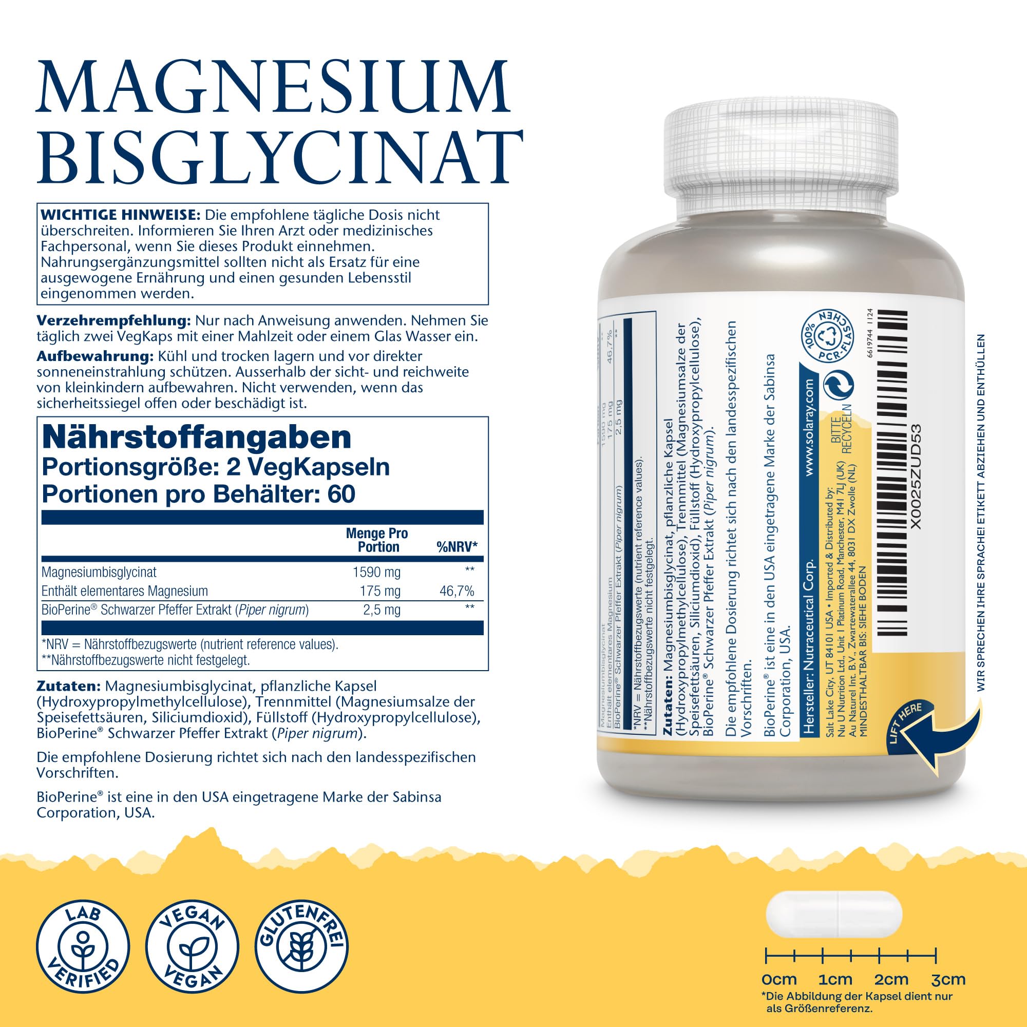 Solaray Magnesiumglycinat 350 mg, 120 vegane Kapseln, chelatiert 5