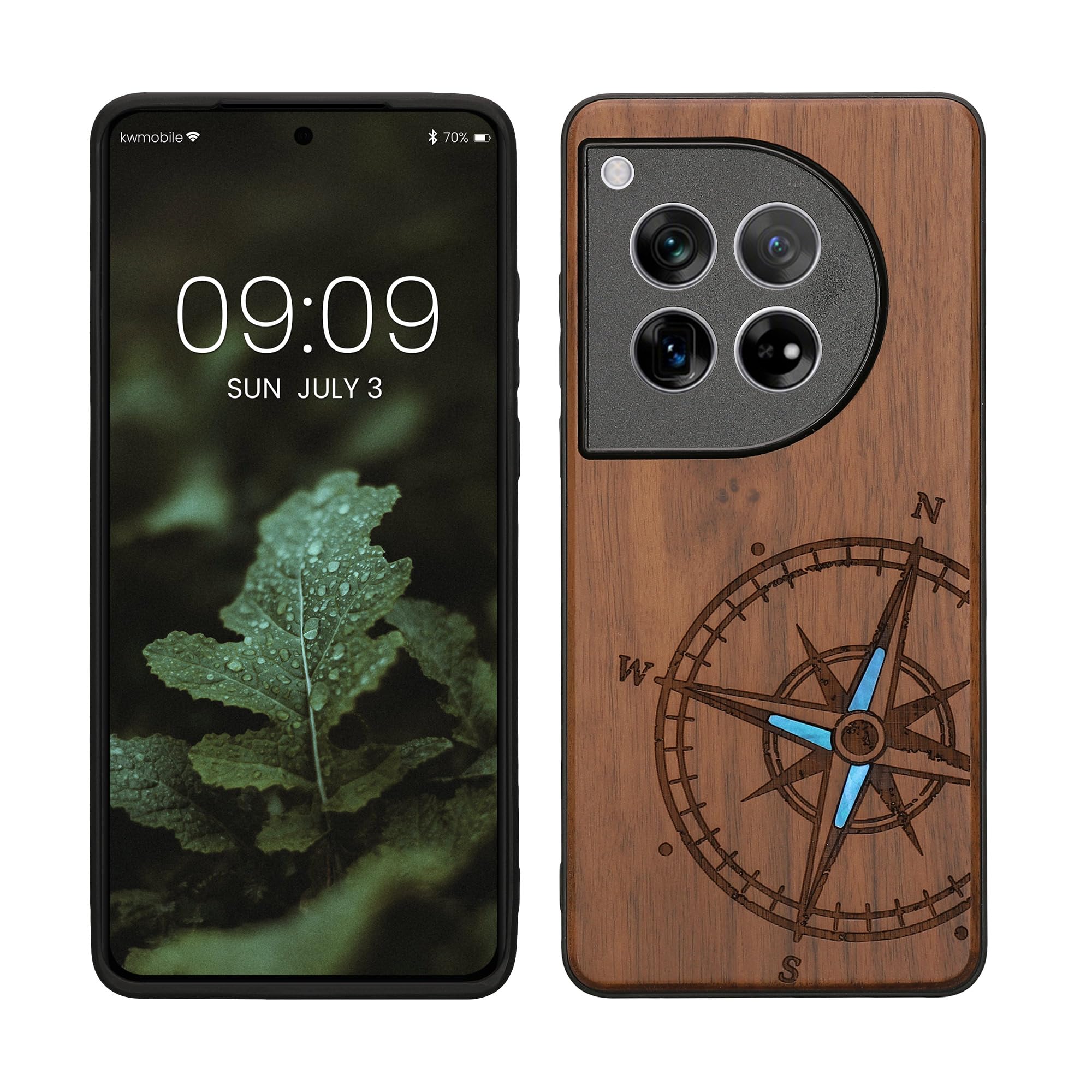 kwmobile Wood Case Compatible with OnePlus 12 Case - Cover - Navigational Compass Mother of Pearl Dark Brown
