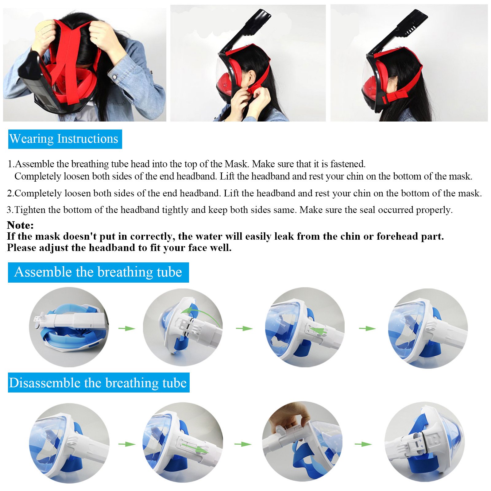 ANHONG Foldable Full Face Snorkel Mask Panoramic View Diving Scuba Mask Easy Breath with Anti-Fog and Anti-Leak with Adjustable Head Straps Design for Adults,Youth,Kids (Blue, L/XL)