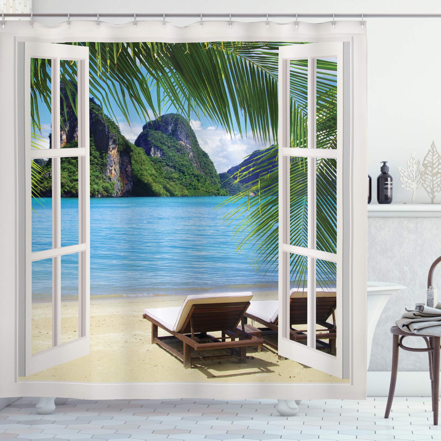 ABAKUHAUS Nautical Home Shower Curtain, Ocean Beach Seascape Sunbeds Balcony Summer Picture Tropical Island, Cloth Fabric Bathroom Decor Set with Hooks, 94 Inches, Blue Green and White