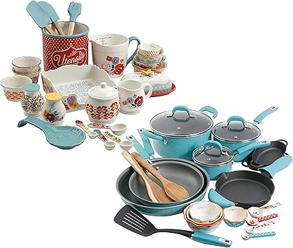 The Pioneer Woman Vintage Speckle 24 Piece Cookware Combo Set In Turquoise Bundle With Copper Charm Stainless Steel Copper Bottom Cookware Set 10 Piece Kitchen Dining Amazon Com