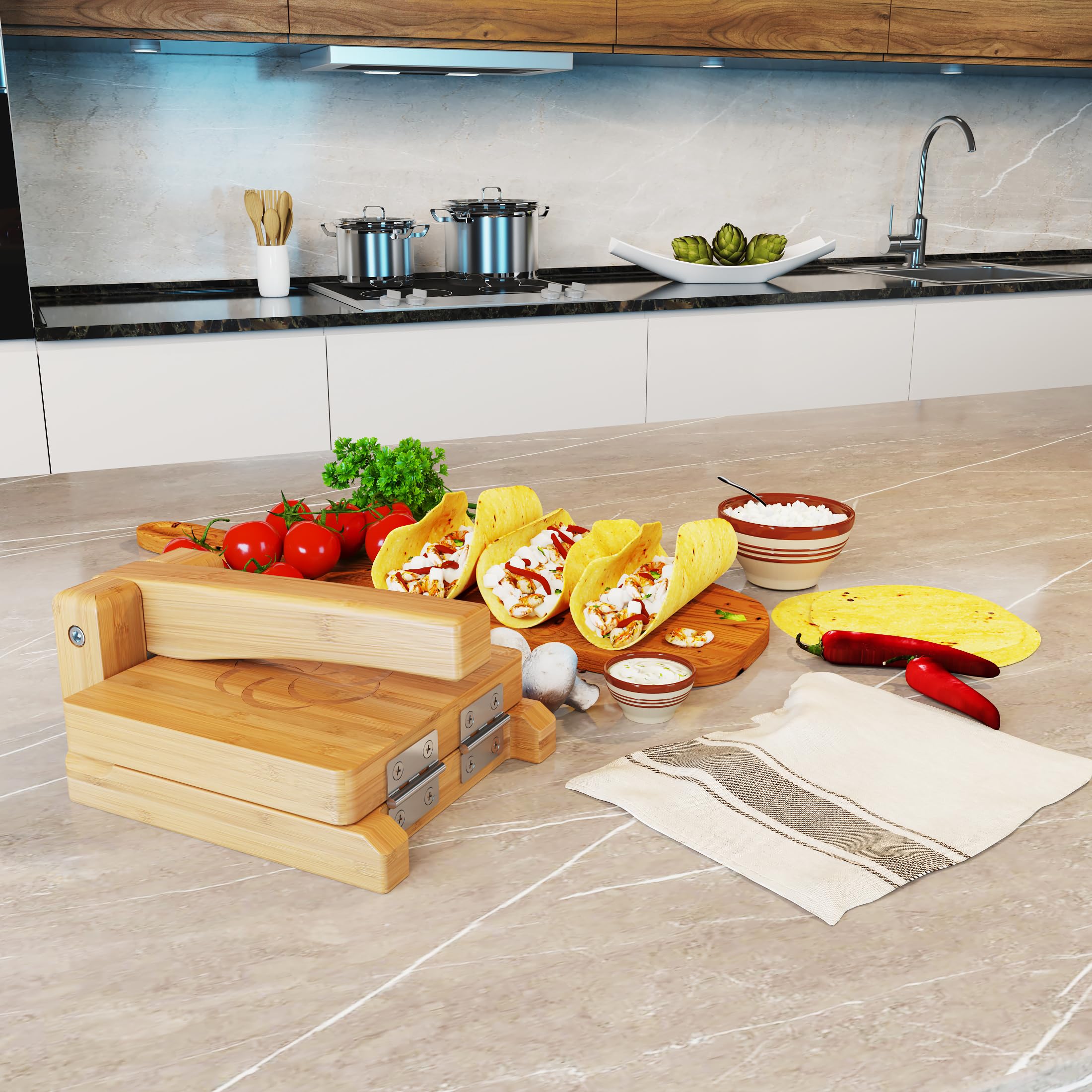 Wooden Tortilla Press Mexican Tortillera Presser Made from Natural Food-Grade Bamboo Wood Pataconera with Recipes eBook (Square 6