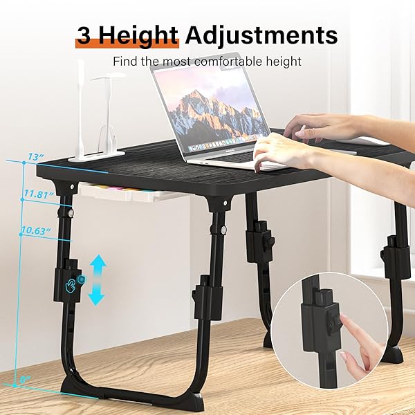 DECOSIS LAPTOP DESK FOR BED HEIGHT ADJUSTABLE, LAP BED TABLE WITH USB/STORAGE DRAWER/CUP HOLDER/TABLET STAND/BOOK SHELF, FOLDABLE BREAKFAST TRAY PORTABLE FOR READING WRITING, SOFA & FLOOR, BLACK