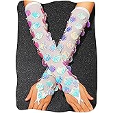 GEMILY Mermaid Fingerless Long Gloves Fish Scale White Shell Arm Sleeves for Women