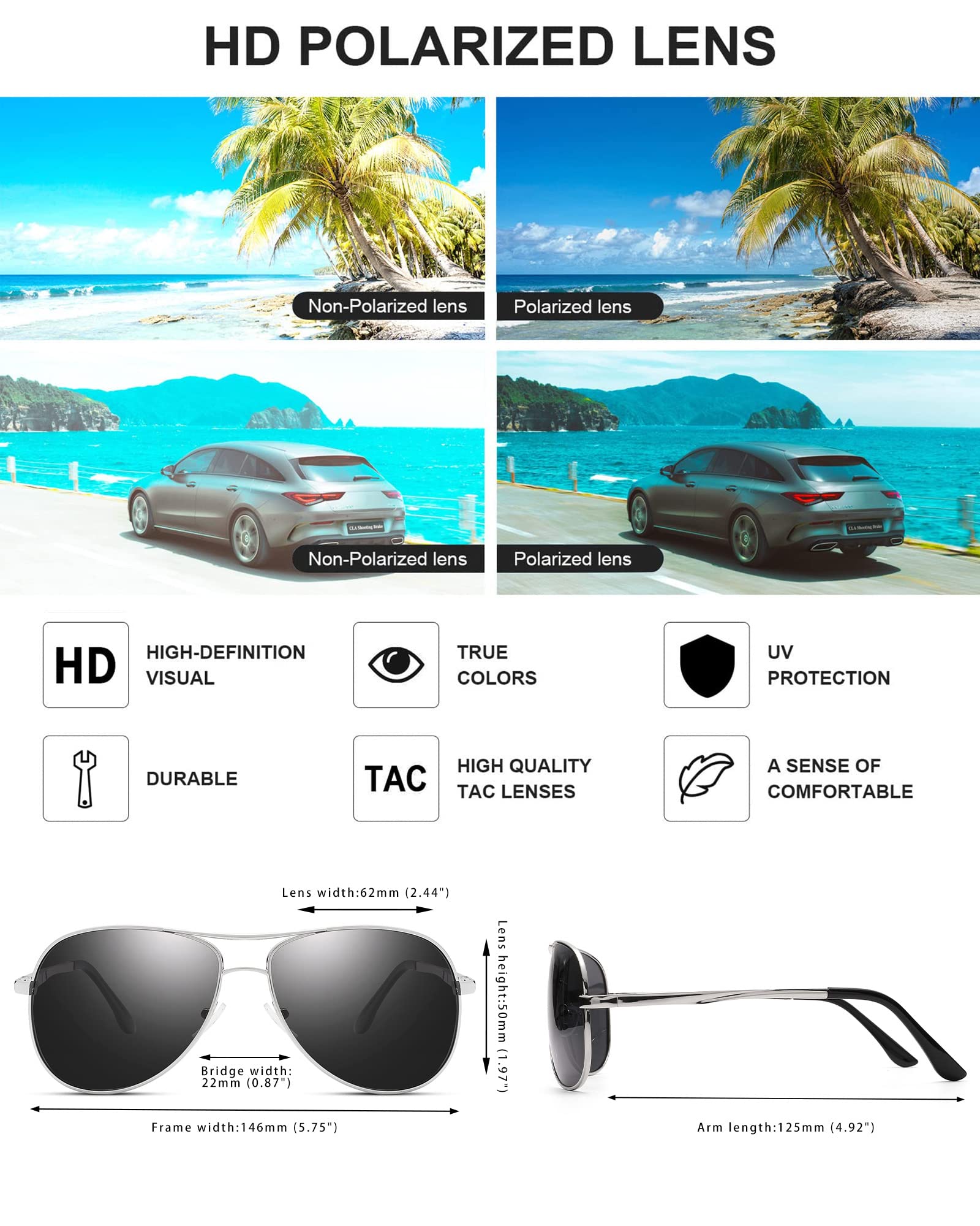 Polarized Aviator Sunglasses for Men Women UV Protection,62mm 2pack