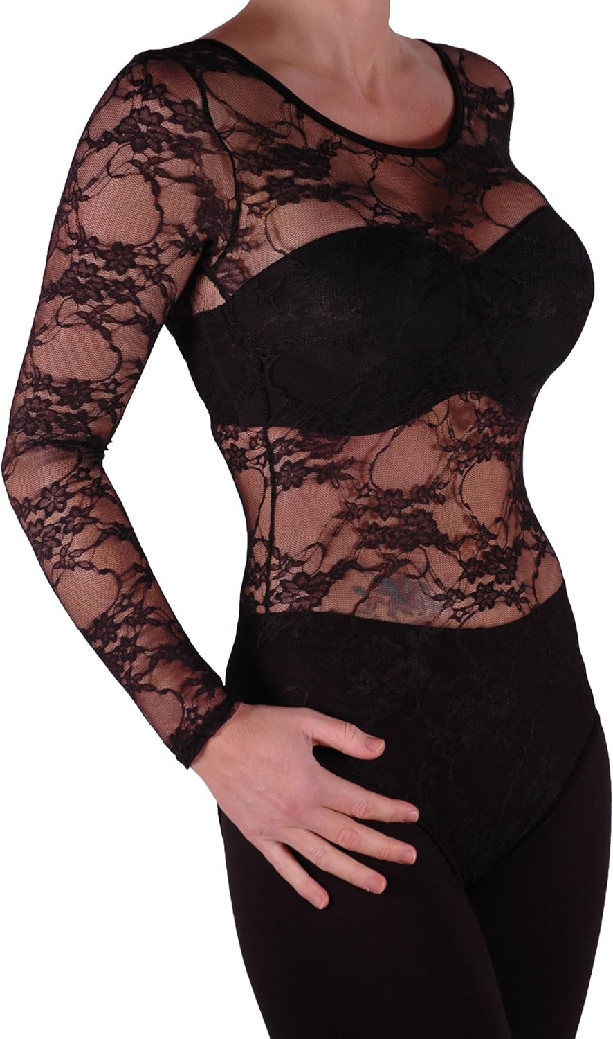 Eyecatch Ladies Long Sleeve Floral Lace Bodysuit Stretch Womens