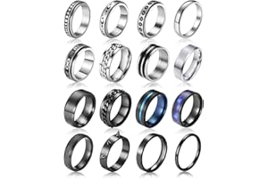 FAXHION Stainless Steel Fidget Rings for Men Women, 16 PCS Men Rings Set, Fidget Rings for Anxiety, Cool Sliver Black Spinner Men's Band Ring Pack, Jewelry