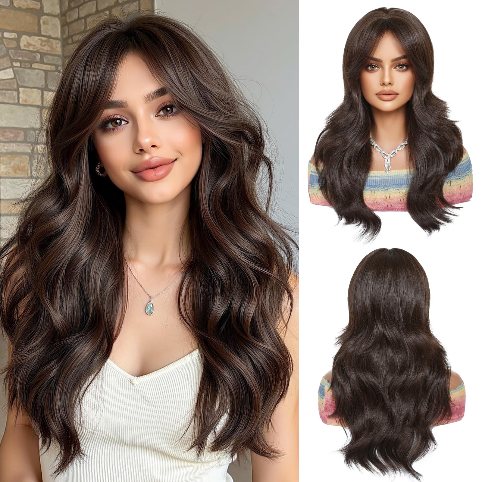 OUFEI Long Dark Brown Wig With Curtain Bangs Natural Wavy Wigs for Women Natural Synthetic Hair Heat Resistant Wigs for Daily Party Cosplay Wear