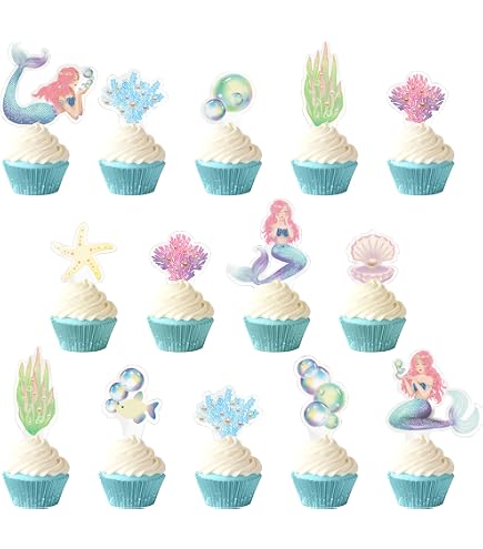 36 Pack Mermaid Cupcake Toppers Mini Under The Sea Coral Water Grass...