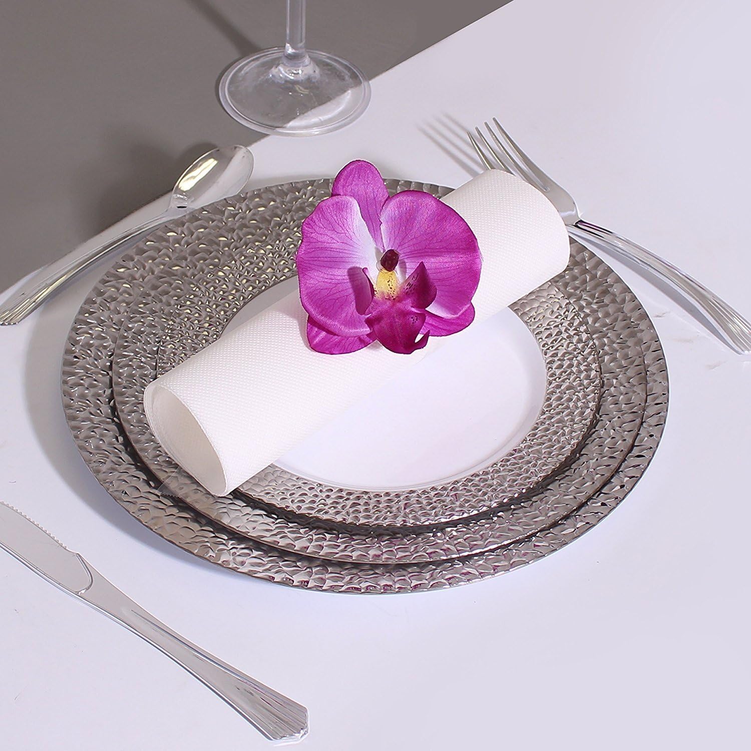 [10 Pack] 'Silver Touch' Collection, High Gloss Hammered Style China Like Elegant Premium Plastic Disposable Party Dinner Plates with Hammered Silver Border (7.5"-19cm Salad Plates)
