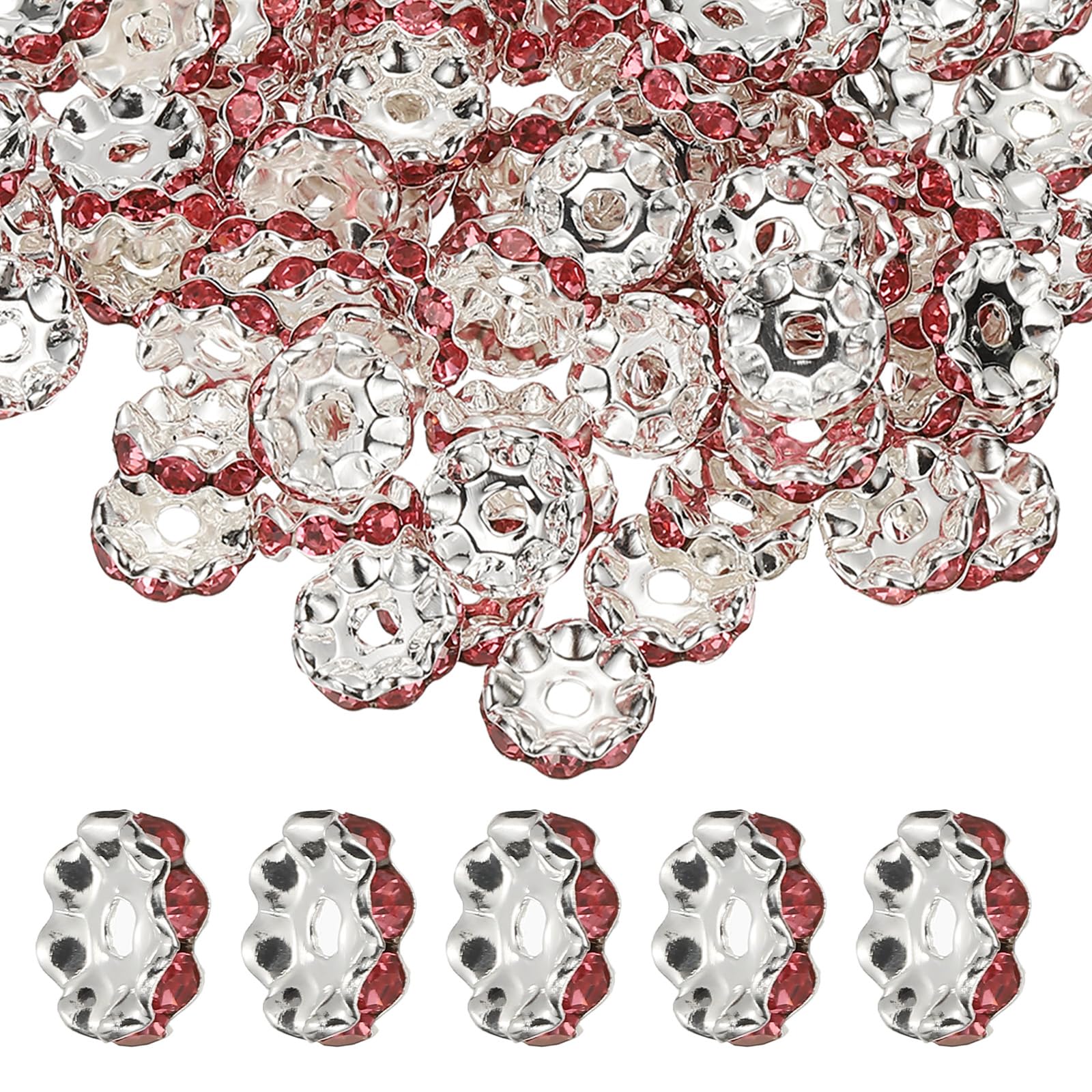 PATIKIL 12mm Wavy Rhinestone Spacer Beads, 200Pack Loose Jewelry Making Spacers Beadable Rondelle Diamond Beads DIY Bracelets Pen Silver Plated for Craft Supplies Decor, Dark Pink