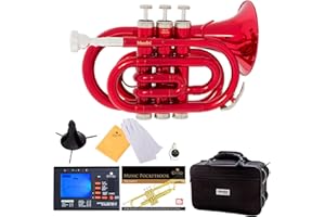 MENDINI BY CECILIO Mendini MPT-RL Red Lacquer Brass Bb Pocket Trumpet with One-Year Warranty, Tuner, Stand, Pocketbook, Mouthpiece and Deluxe Case