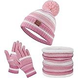 Kids Winter Hat Gloves Scarf Set: Girls Boys Beanie Hats Gloves Knit Set with Thick Warm Fleece Lined For Ages 6-10 Children