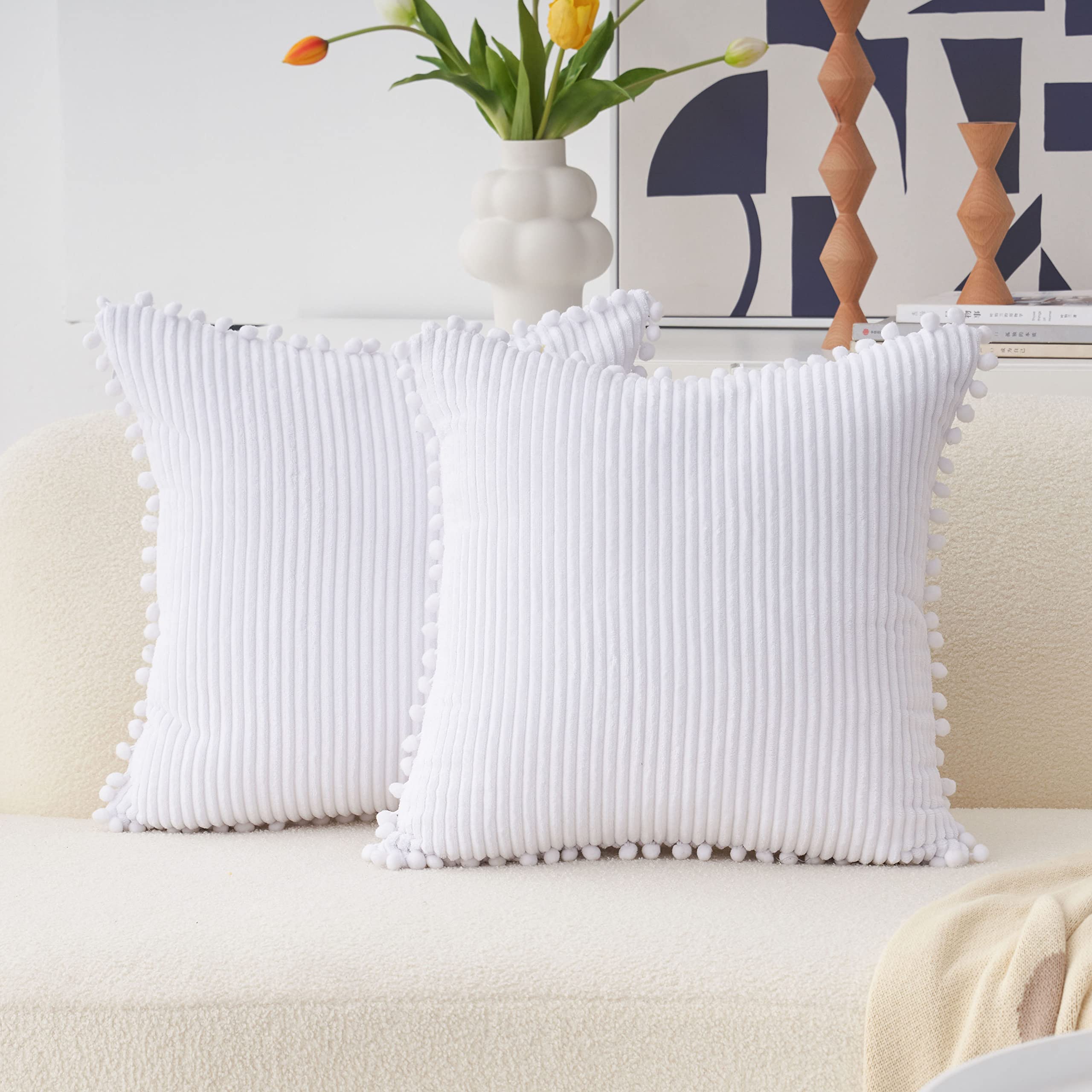 Home Brilliant White Cushion Covers 45 x 45 with Poms Fabric Corduroy Pillow Covers for Couch Bed, 45x45 cm, Set of 2, Pure White