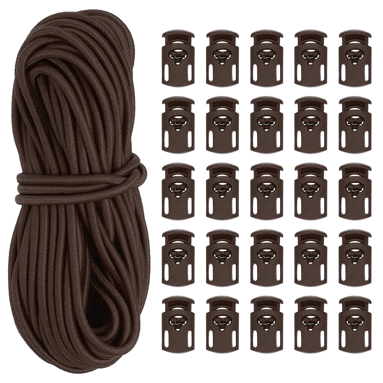 PATIKIL 10 Yard Elastic Bungee Cord & Single Hole Cord Lock, 25 Pack Plastic Oval Spring Toggle Stopper for Paracord Drawstring Shoelace Clothing Backpack Bags, Dark Brown