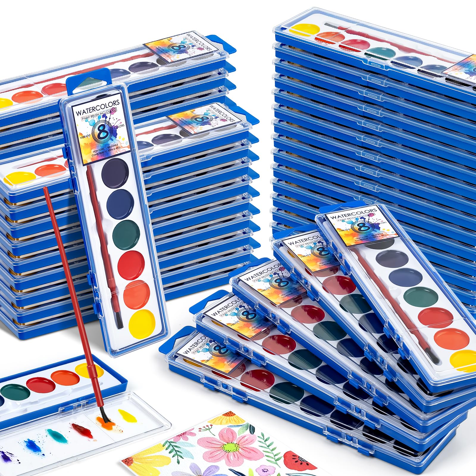 Photo 1 of 72 Pack Watercolor Paint Set, Washable Watercolor Paint Bulk for Kids, Water Color Paint with Paint Brushes, Ideal Gifts for Party Favors, School Supplies & Classroom Prizes, Art Activities, 8 Colors
